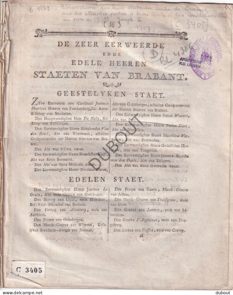 Brabant - Staeten Van Brabant 1787 - Opsomming Van Geestelijken, Adel, Ambachten In Antwerpen, Leuven, Brussel  (V3117) - Antiquariat