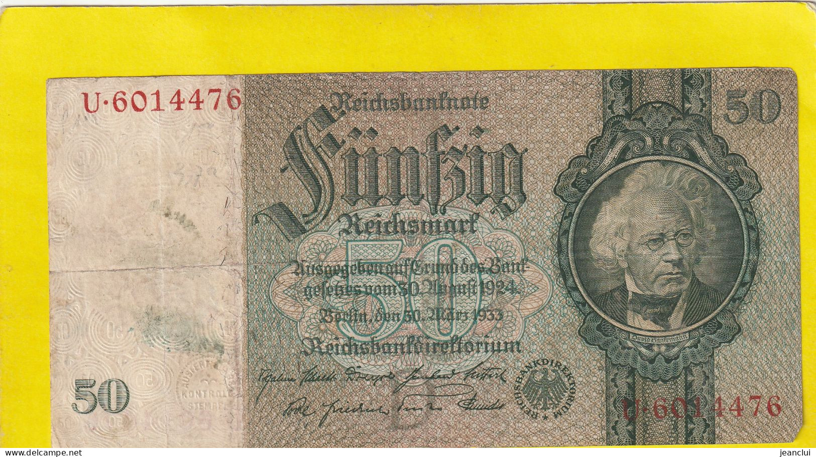 REICHSBANKNOTE . 50 MARK   . 30-3-1933 . N°  U.6014476 .  2 SCANNES  .  BILLET USITE - 50 Mark