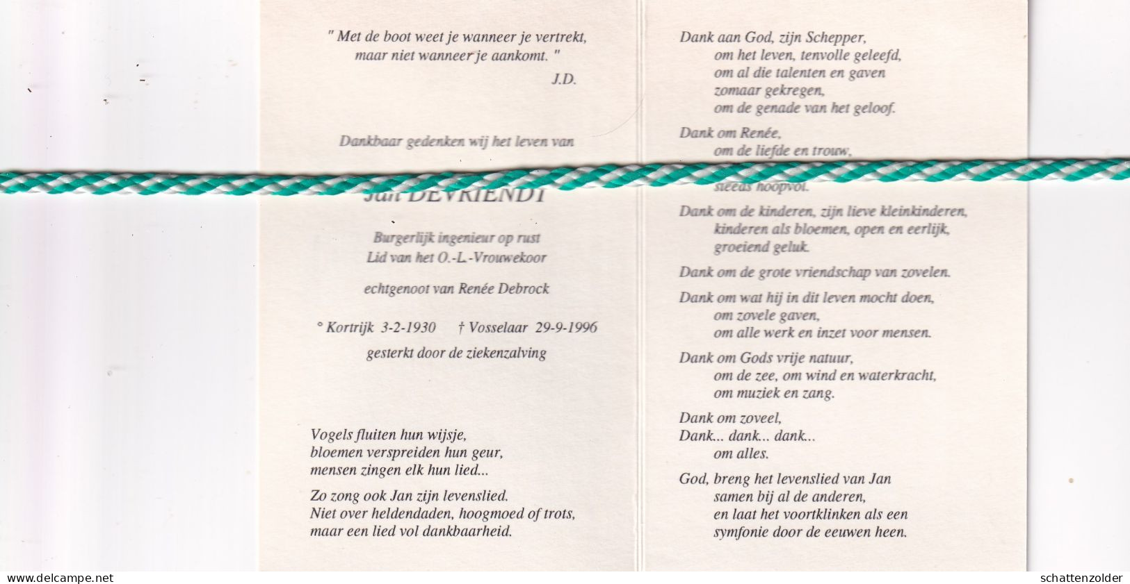Jan Devriendt-Debrock, Kortrijk 1930, Vosselaar 1996. Foto - Obituary Notices