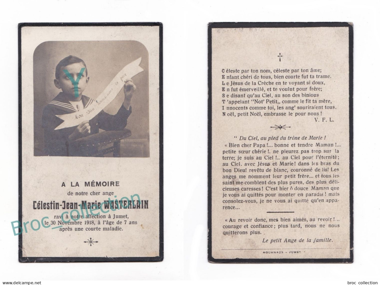 Jumet, Mémento De Célestin Jean-Marie Wasterlain, 30/11/1918, 7 Ans, Enfant, Souvenir Mortuaire, Décès - Images Religieuses