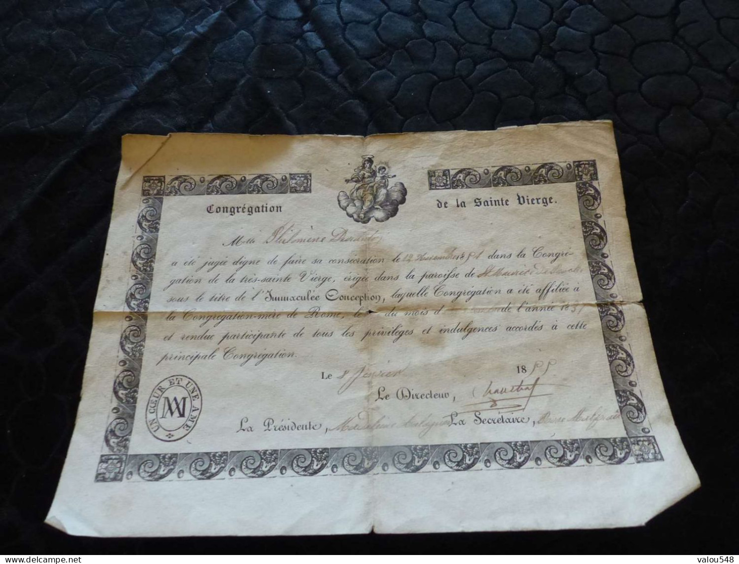 VP-86 , Document Religieux, Congrégation De La Ste Vierge, 1837 - Godsdienst & Esoterisme