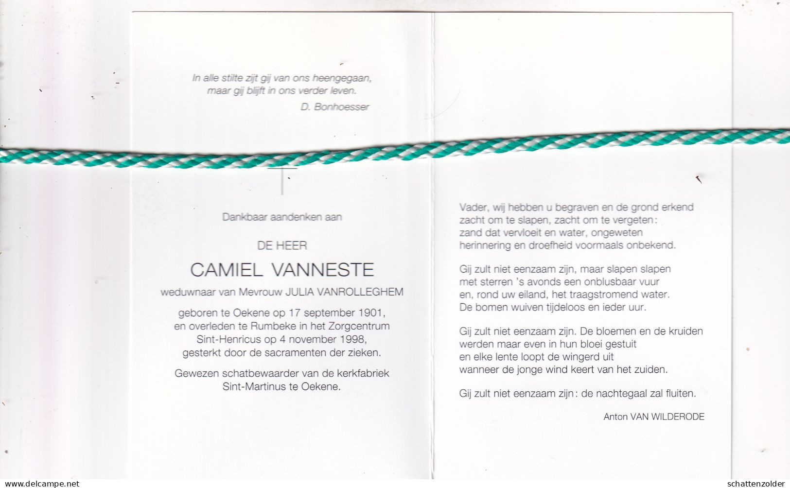 Camiel Vanneste-Vanrolleghem, Oekene 1901, Rumbeke 1998. Foto - Overlijden