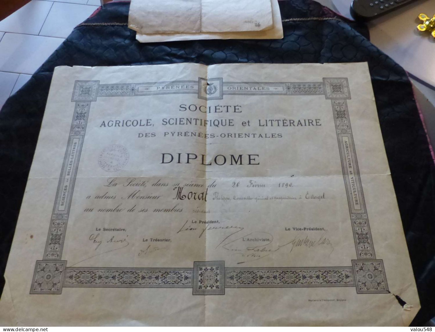 VP-87 , Diplôme  Société Agricole; Scientifique Et Littéraire Des Pyrénées Orientales, 26 Février 1896 - Diplome Und Schulzeugnisse