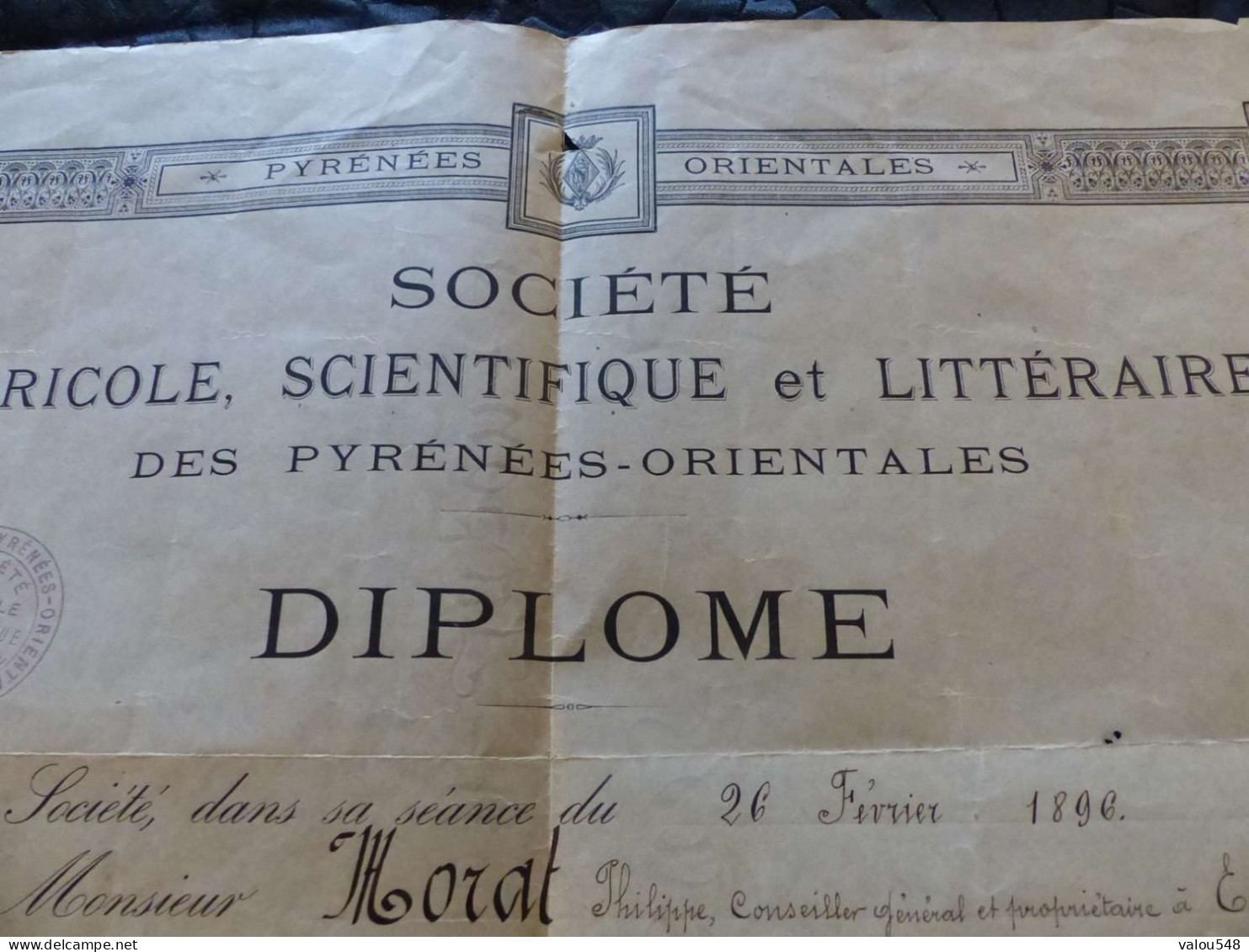 VP-87 , Diplôme  Société Agricole; Scientifique Et Littéraire Des Pyrénées Orientales, 26 Février 1896 - Diploma's En Schoolrapporten