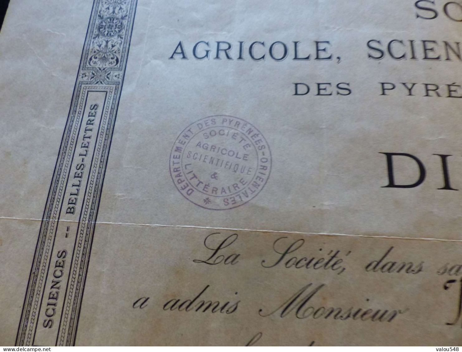 VP-87 , Diplôme  Société Agricole; Scientifique Et Littéraire Des Pyrénées Orientales, 26 Février 1896 - Diploma & School Reports