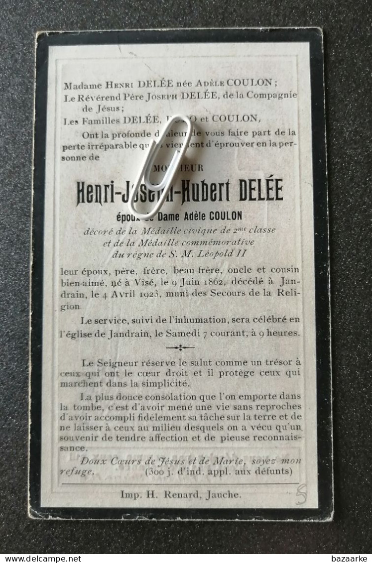 HENRI -JOSEPH-HUBERT DELÉE ° VISÉ 1862 + 1923  /  DAME ADÈLE COULON / BUDO - Images Religieuses