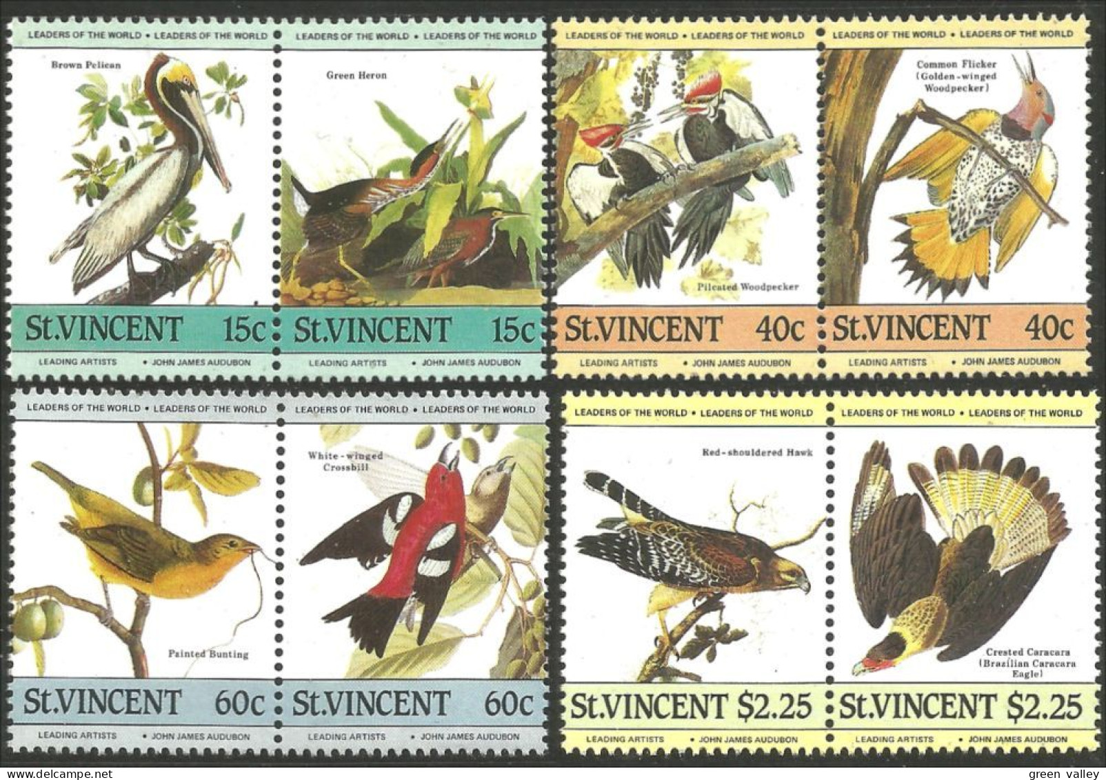 OI-185c St Vincent Oiseaux Birds Audubon Pelican Heron Woodpecker Pivert Hawk Epervier MNH ** Neuf SC - Eagles & Birds Of Prey