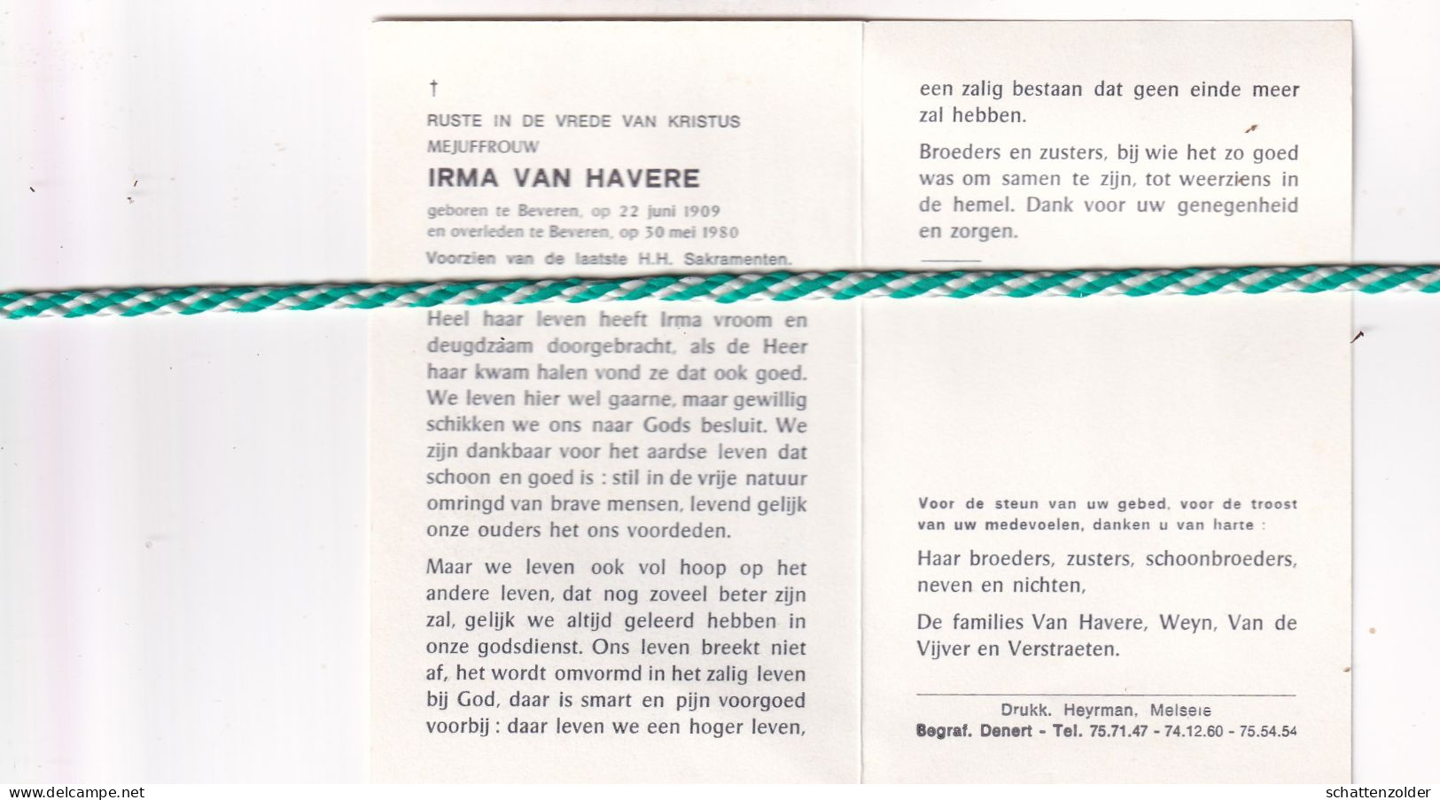 Irma Van Havere, Beveren 1909, 1980 - Todesanzeige