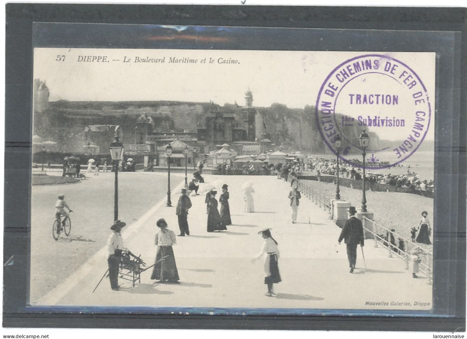 CACHET MILITAIRE -76 DIEPPE -CP- FRAPPE SUP-DOUBLE CERCLE ,VIOLET,39mm- 9è SECTION DE CHEMINS DE FER DE CAMPAGNE* - WW I