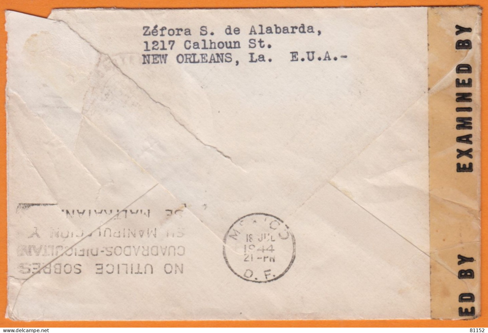 Lettre De NEW ORLEANS  1944 Avec  " Censure "   Pour MEXICO   En Poste Aérienne 10c - Briefe U. Dokumente