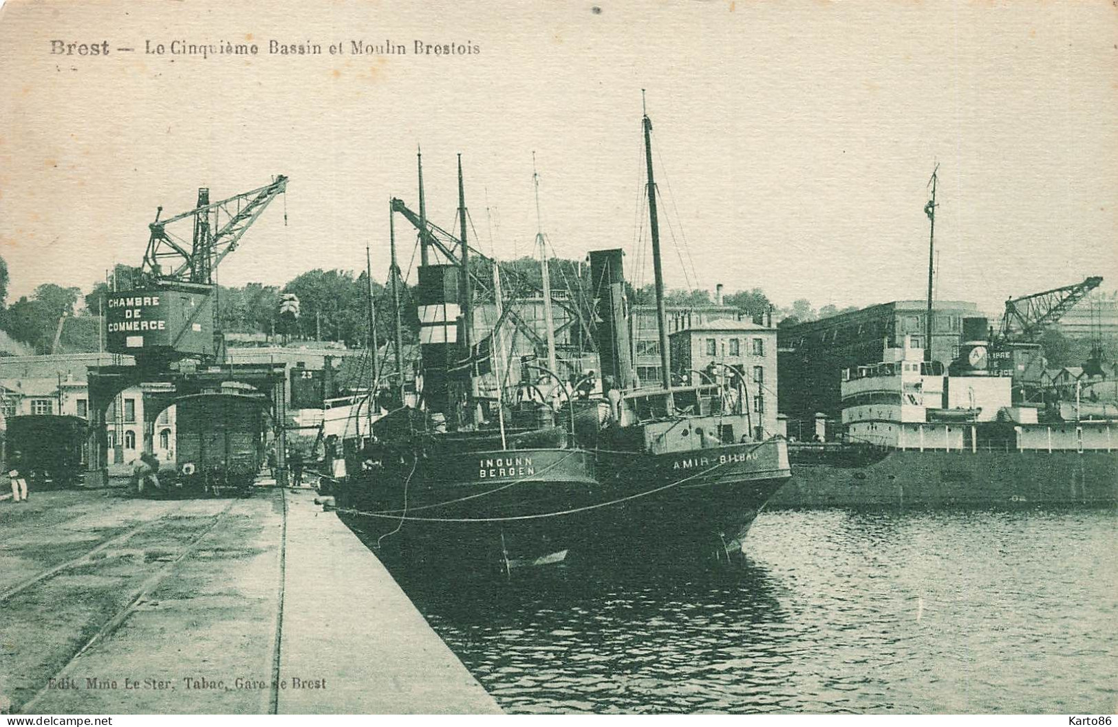 Brest * Le Cinquième Bassin Et Moulin Brestois * Bateau INGUNN ( Bergen Norge ) Et AMIR De Bilbao Espana * Grue - Brest
