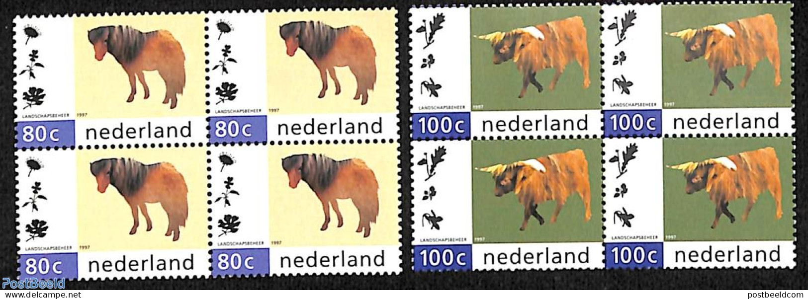 Netherlands 1997 Animals 2v, Blocks Of 4 [+], Mint NH, Nature - Cattle - Horses - Ongebruikt