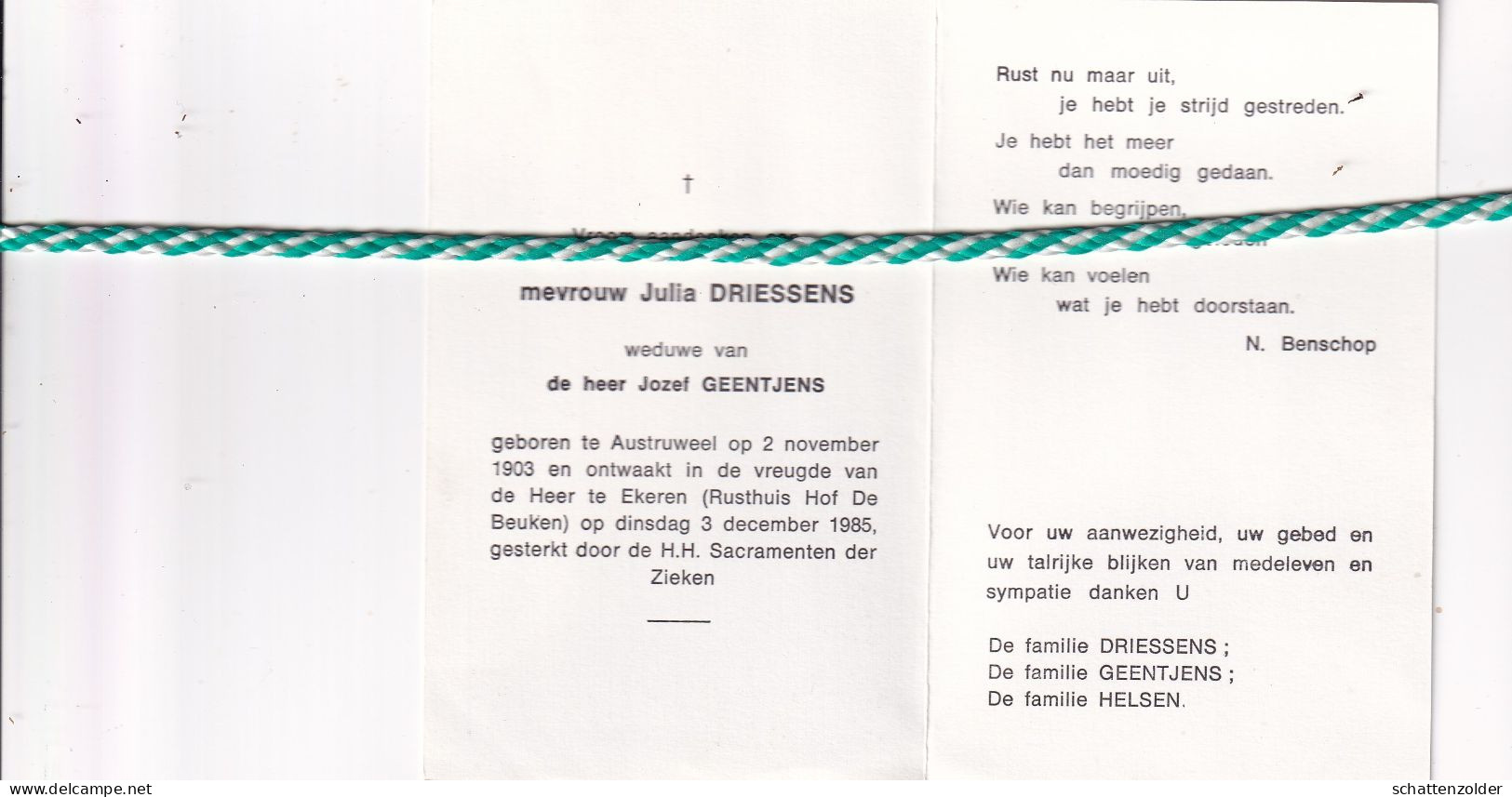 Julia Driessens-Geentjens, Austruweel 1903, Ekeren 1985 - Obituary Notices