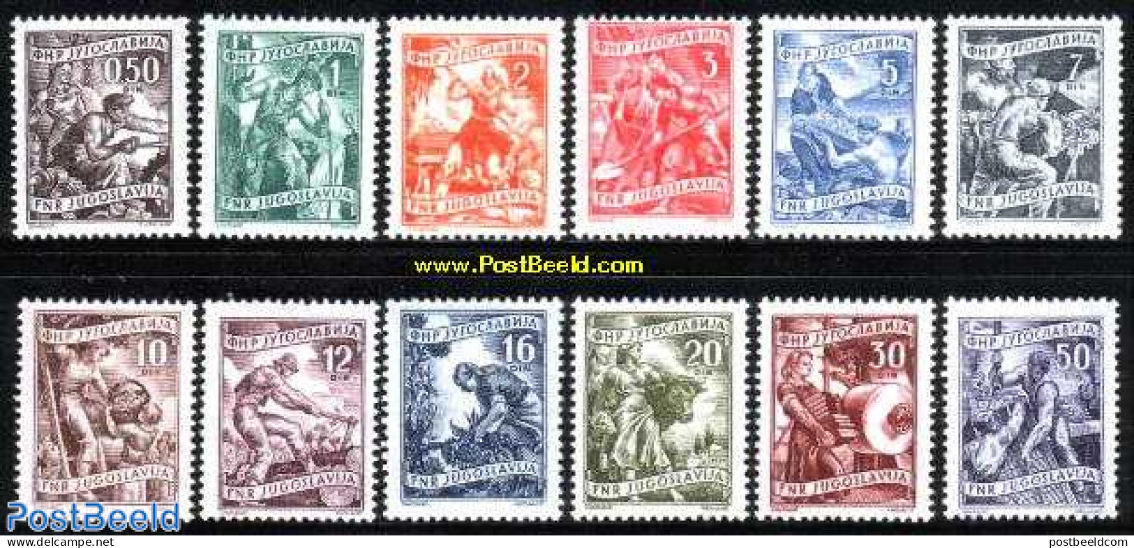 Yugoslavia 1950 Definitives 12v, Mint NH, Nature - Science - Various - Cattle - Fishing - Mining - Agriculture - Indus.. - Neufs