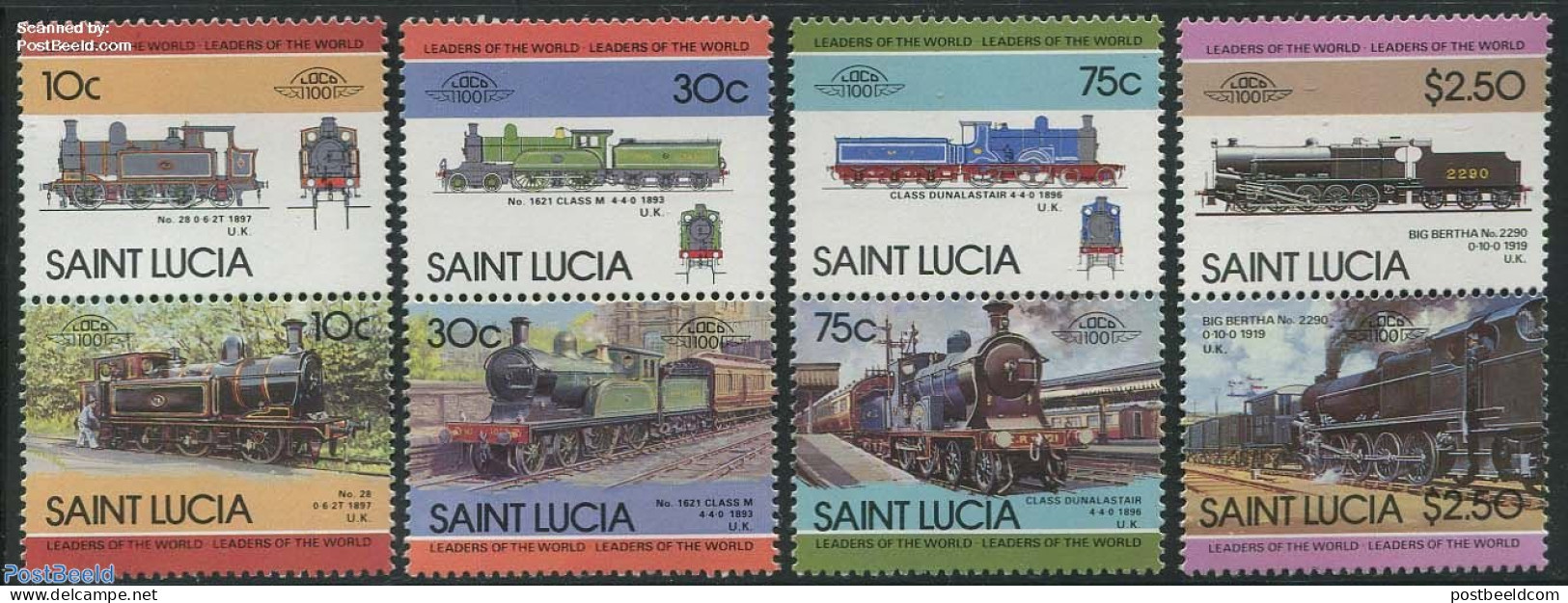 Saint Lucia 1985 Locomotives 4x2v [:], Mint NH, Transport - Railways - Eisenbahnen