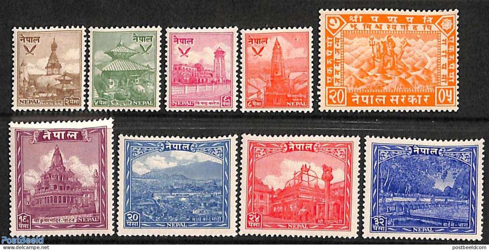 Nepal 1949 Definitives 9v, Mint NH, Religion - Churches, Temples, Mosques, Synagogues - Kirchen U. Kathedralen