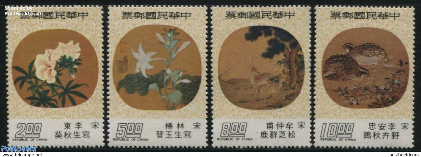 Taiwan 1976 Silk Paintings 4v, Mint NH, Nature - Birds - Flowers & Plants - Art - Paintings - Other & Unclassified