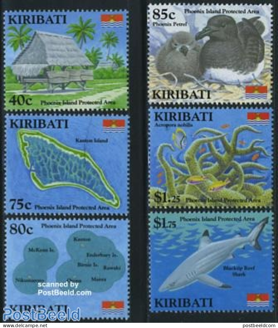 Kiribati 2008 Phoenix Island 6v, Mint NH, Nature - Various - Birds - Fish - Maps - Sharks - Fische