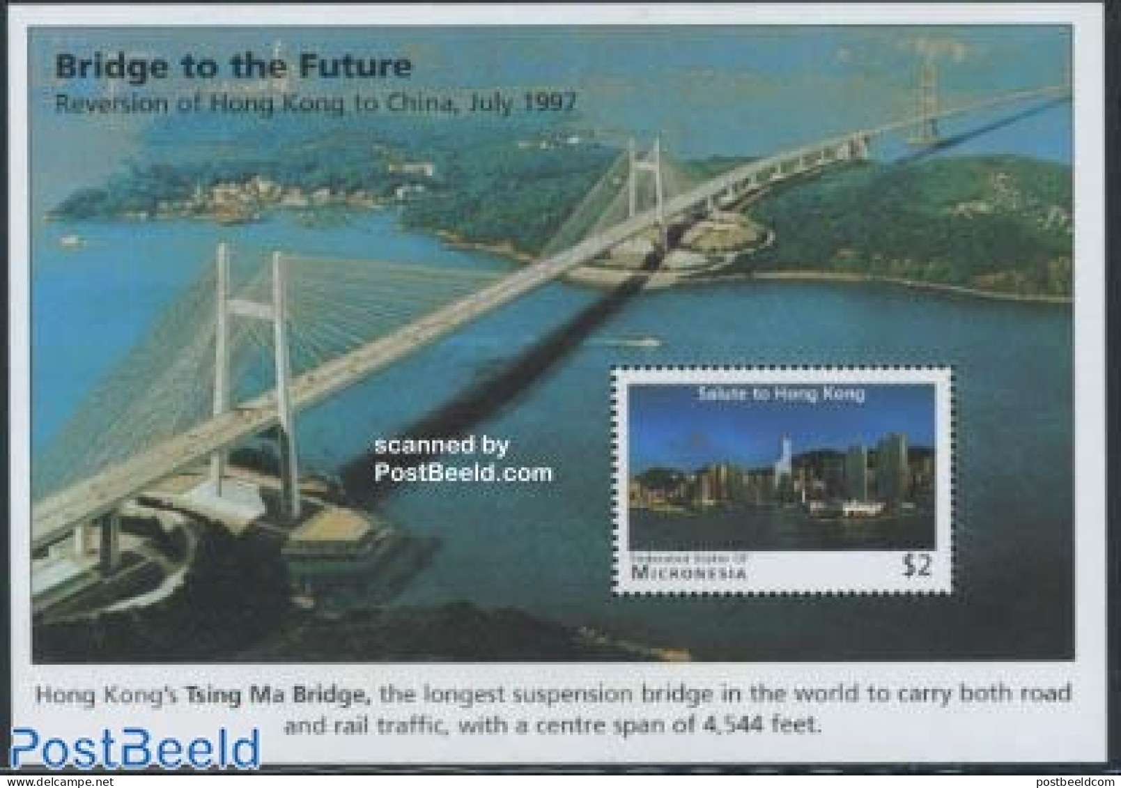 Micronesia 1997 Hong Kong To China S/s ($2), Mint NH, Art - Bridges And Tunnels - Brücken
