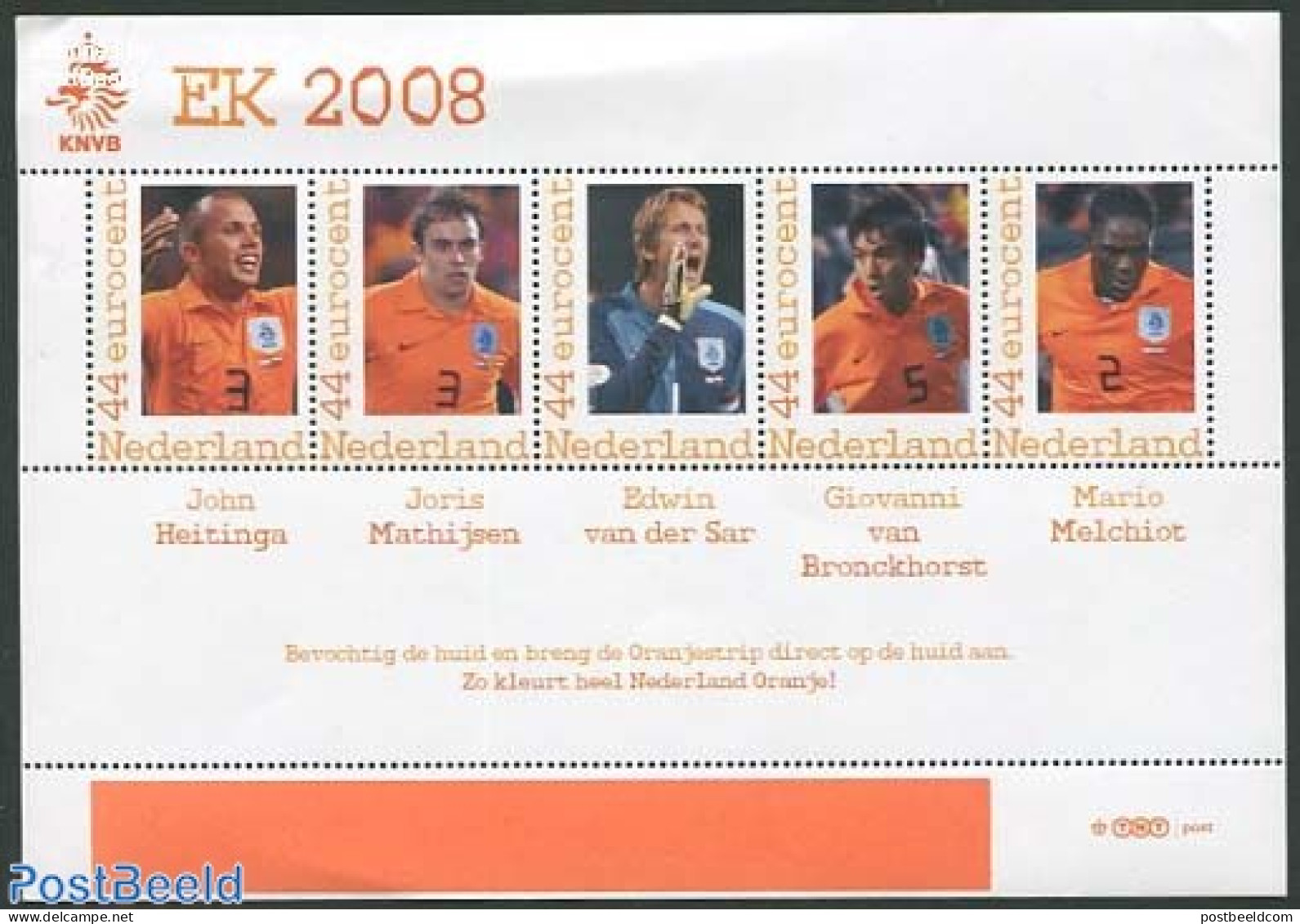 Netherlands - Personal Stamps TNT/PNL 2008 EC Football 5v M/s, John Heitinga, Mint NH, Sport - Football - Autres & Non Classés