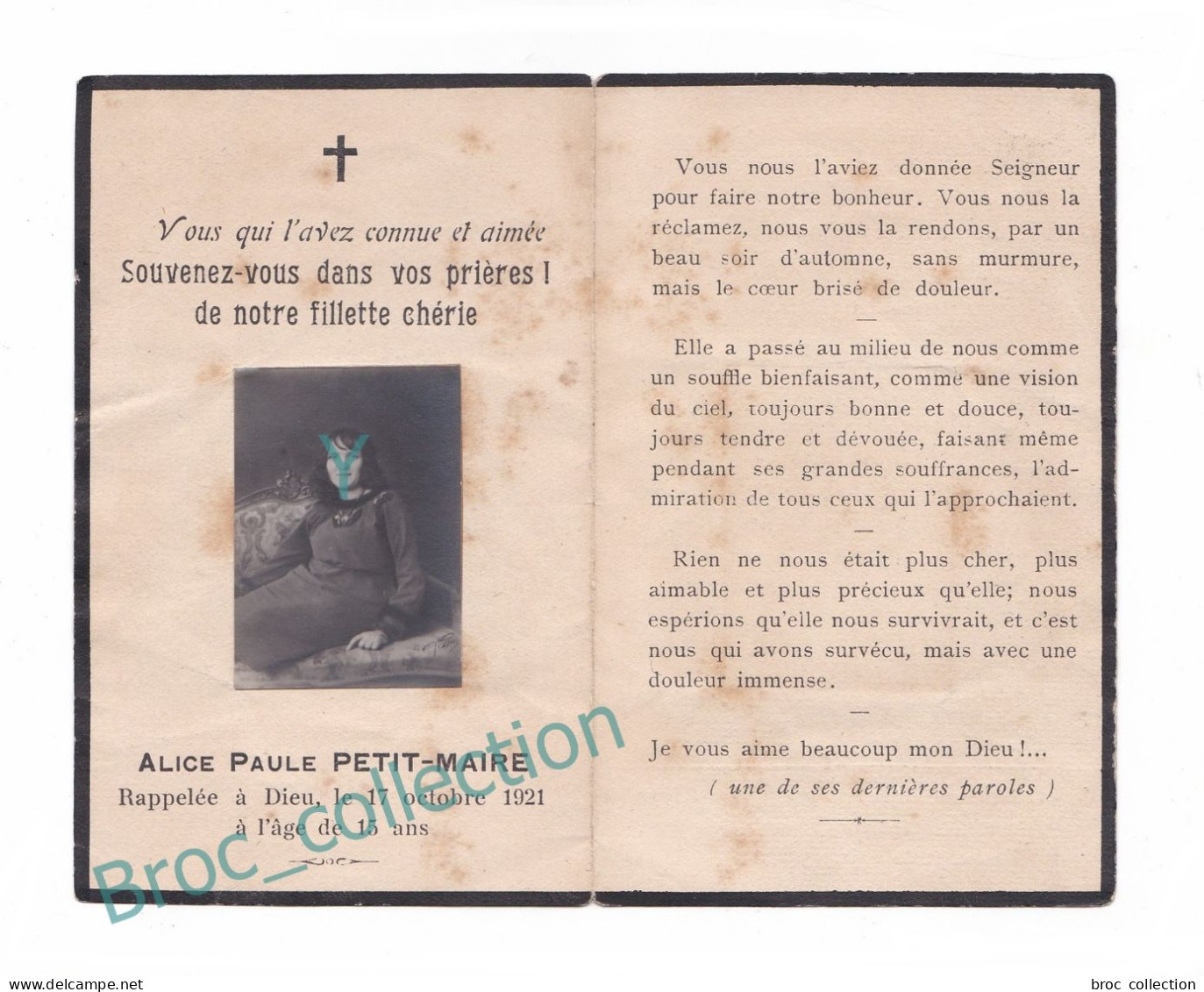 Mémento D'Alice Paule Petit-Maire, 17/10/1921, 15 Ans, Enfant, Fillette, Jeune Fille, Souvenir Mortuaire à Localiser - Andachtsbilder