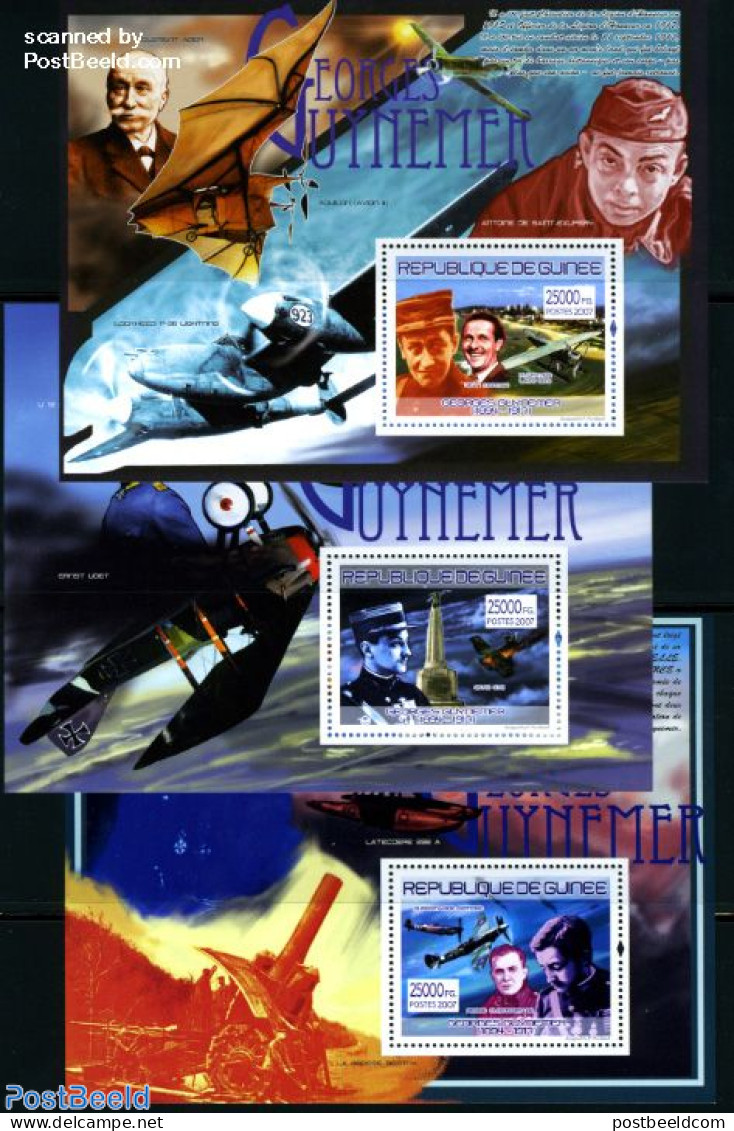 Guinea, Republic 2007 Georges Guynemer 3 S/s, Mint NH, History - Transport - Aircraft & Aviation - World War I - Airplanes