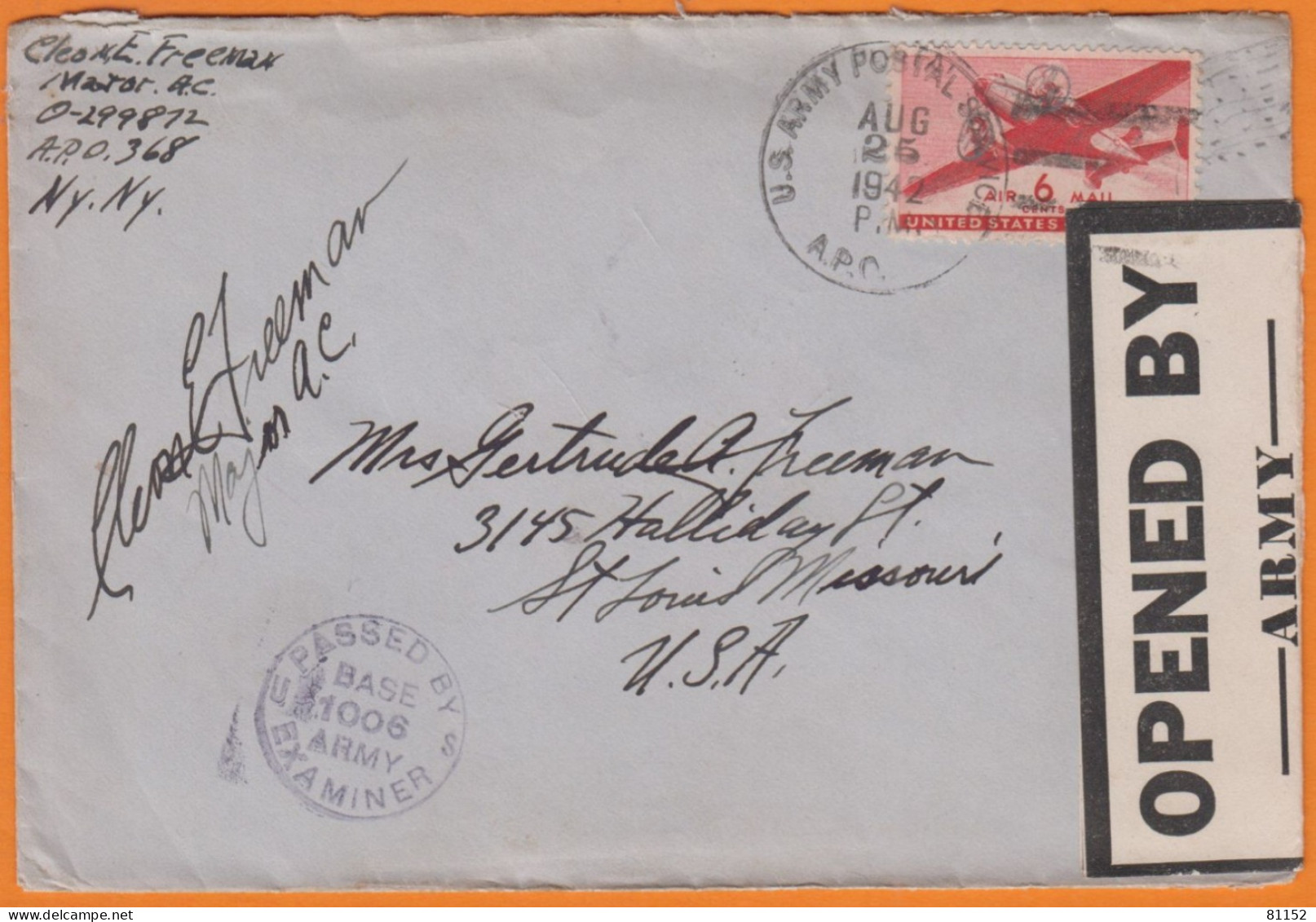 US ARMY   Lettre De NEW YORK  1942 Avec  " Censure "   Pour ST LOUIS Missouri   En Poste Aérienne 6c - Brieven En Documenten
