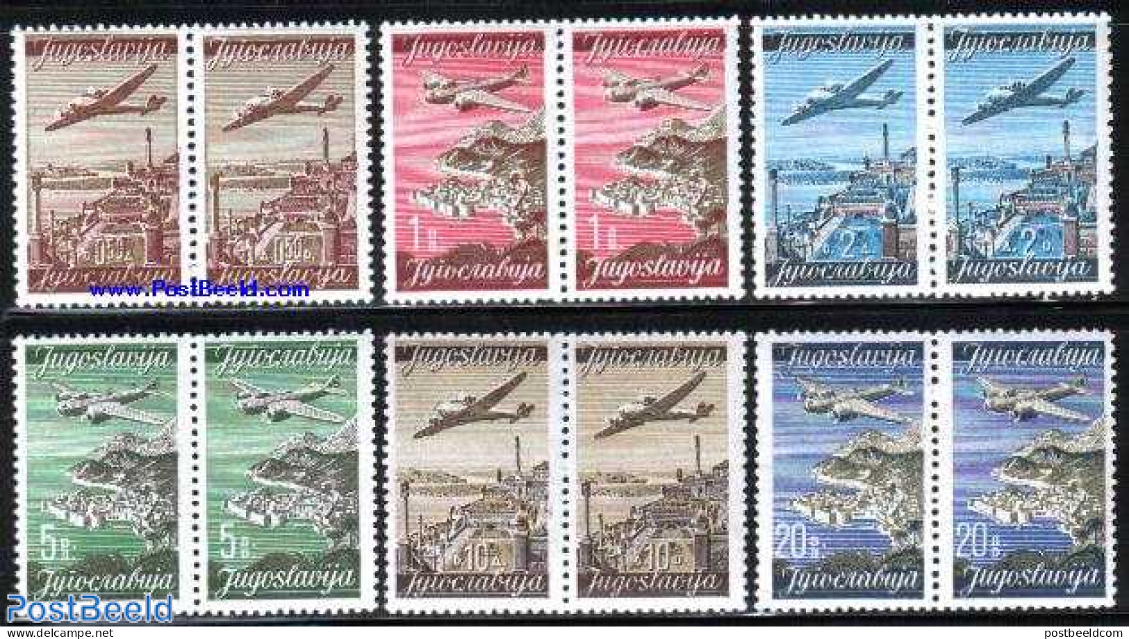 Yugoslavia 1947 Airmail, Latin & Cyrillic Text 6x2v [:], Mint NH, Transport - Aircraft & Aviation - Unused Stamps