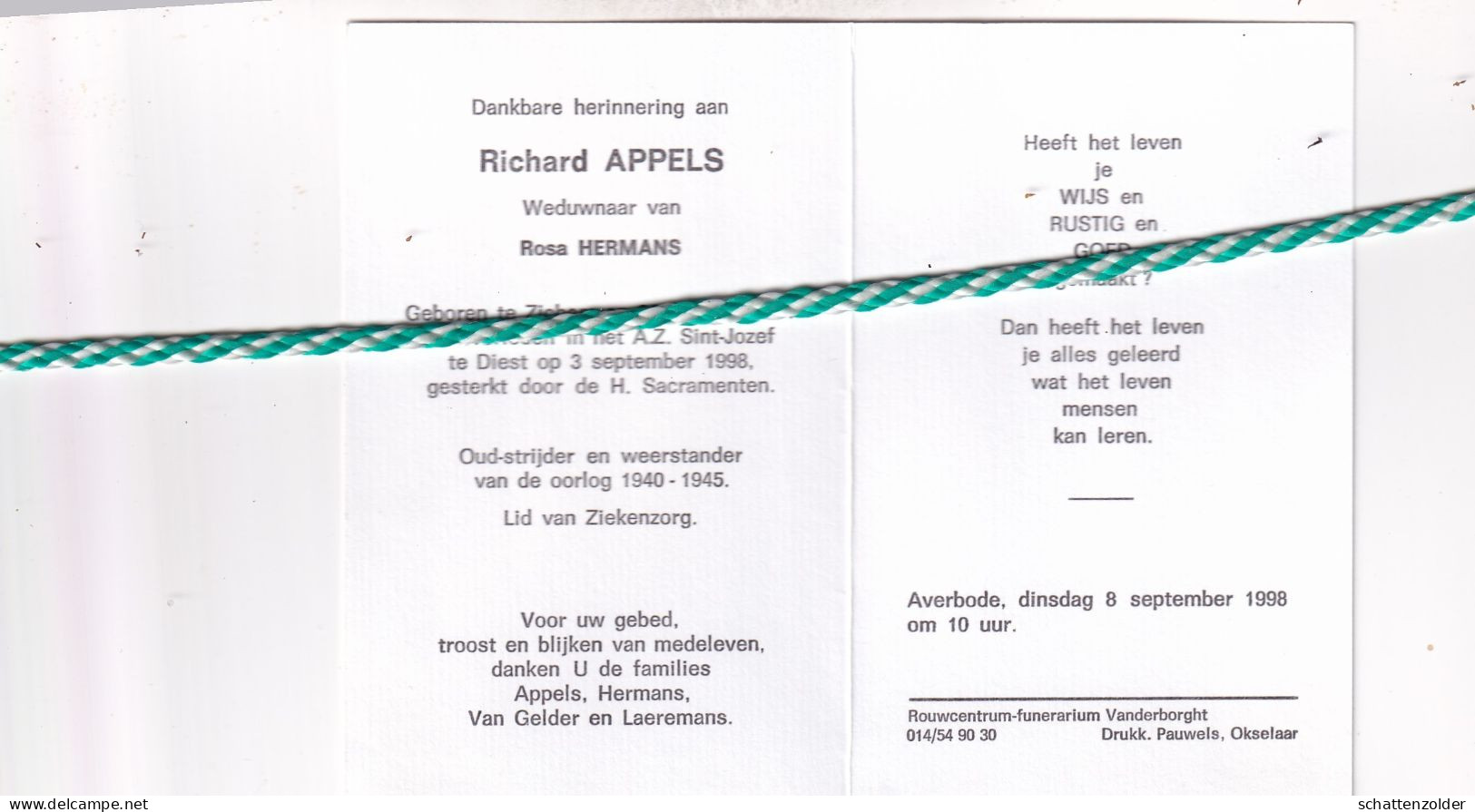 Richard Appels-Hermans, Zichem 1911, Diest 1998. Oud-strijder 40-45 - Todesanzeige