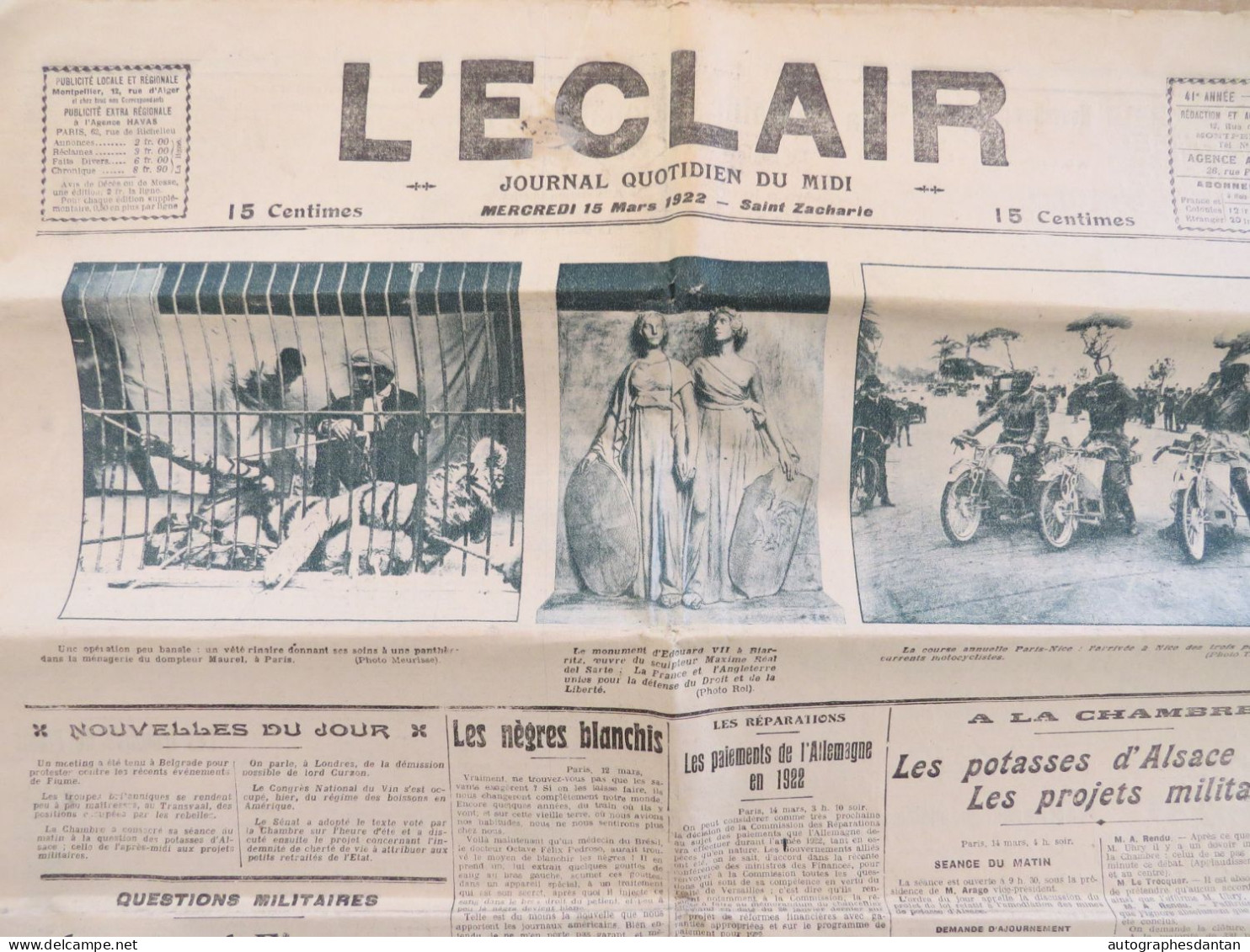 ● Journal L'ECLAIR Quotidien Du Midi 15 Mars 1922 étonnant Article "Les Nègres Blanchis" Etc. Cf 7 Photos - Other & Unclassified