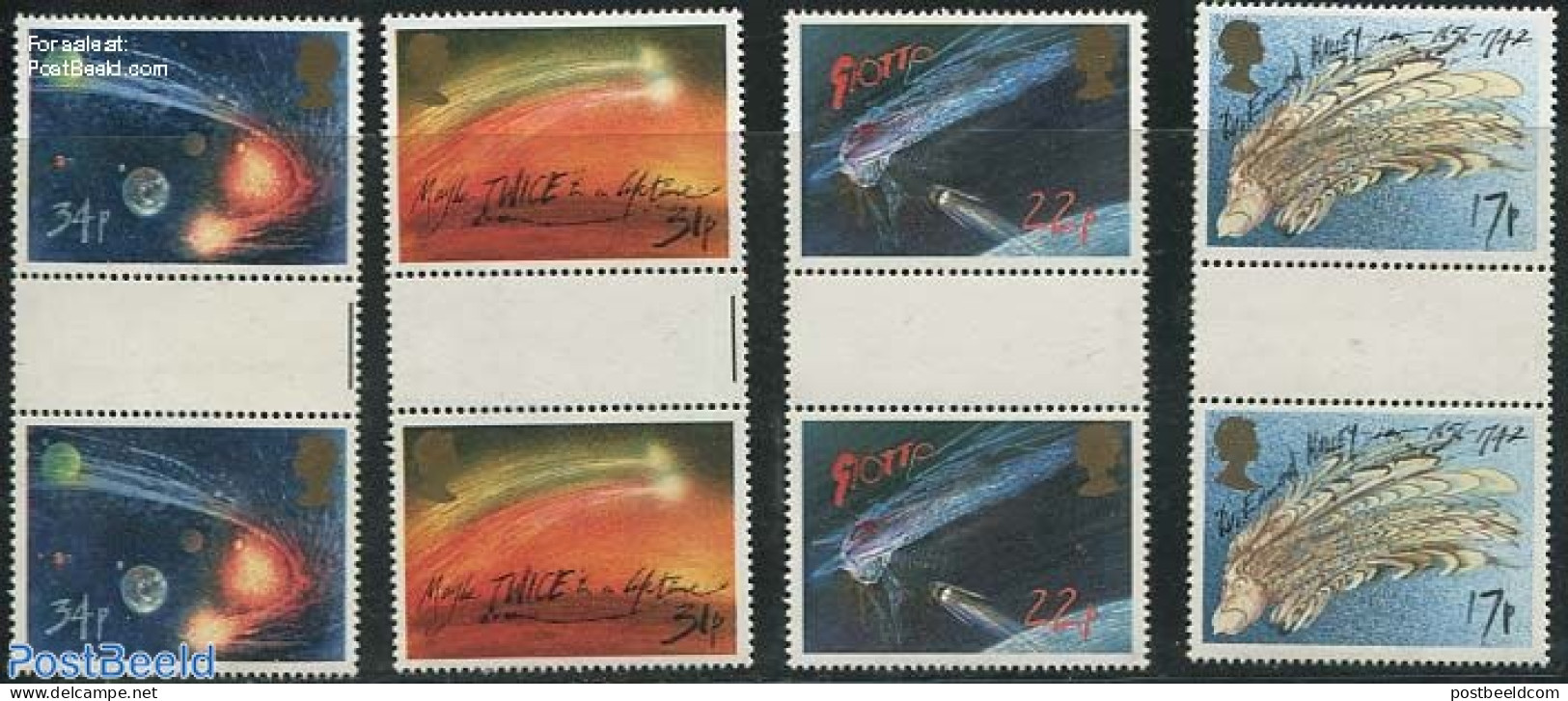 Great Britain 1986 Halleys Comet 4v, Gutterpairs, Mint NH, History - Science - Europa Hang-on Issues - Astronomy - Hal.. - Nuevos