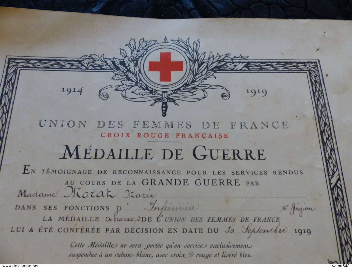 VP-92 , Diplôme , Militaria, Union Des Femmes De France, Croix Rouge, Médaille De Guerre, 1919 - Dokumente