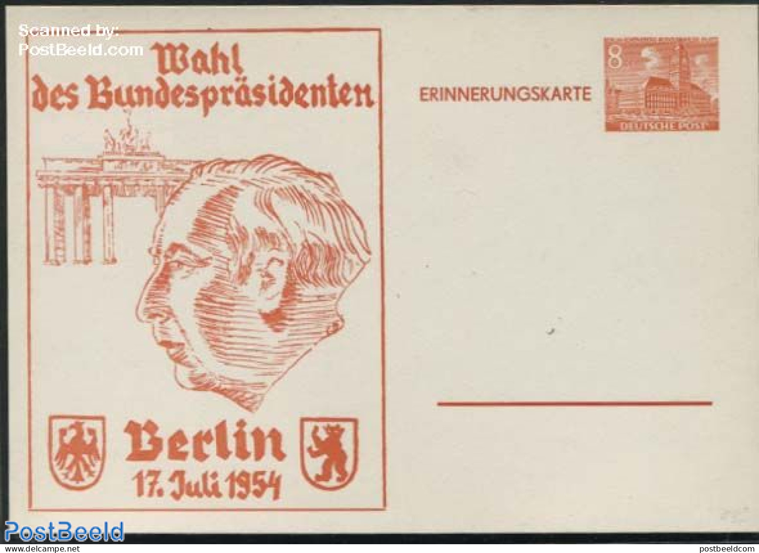 Germany, Berlin 1954 Postcard 8pf, Presential Elections, Unused Postal Stationary - Brieven En Documenten