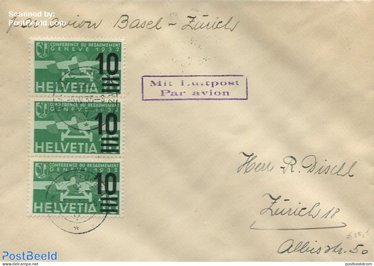 Switzerland 1935 Airmail From Basel To Zurich, Postal History - Brieven En Documenten