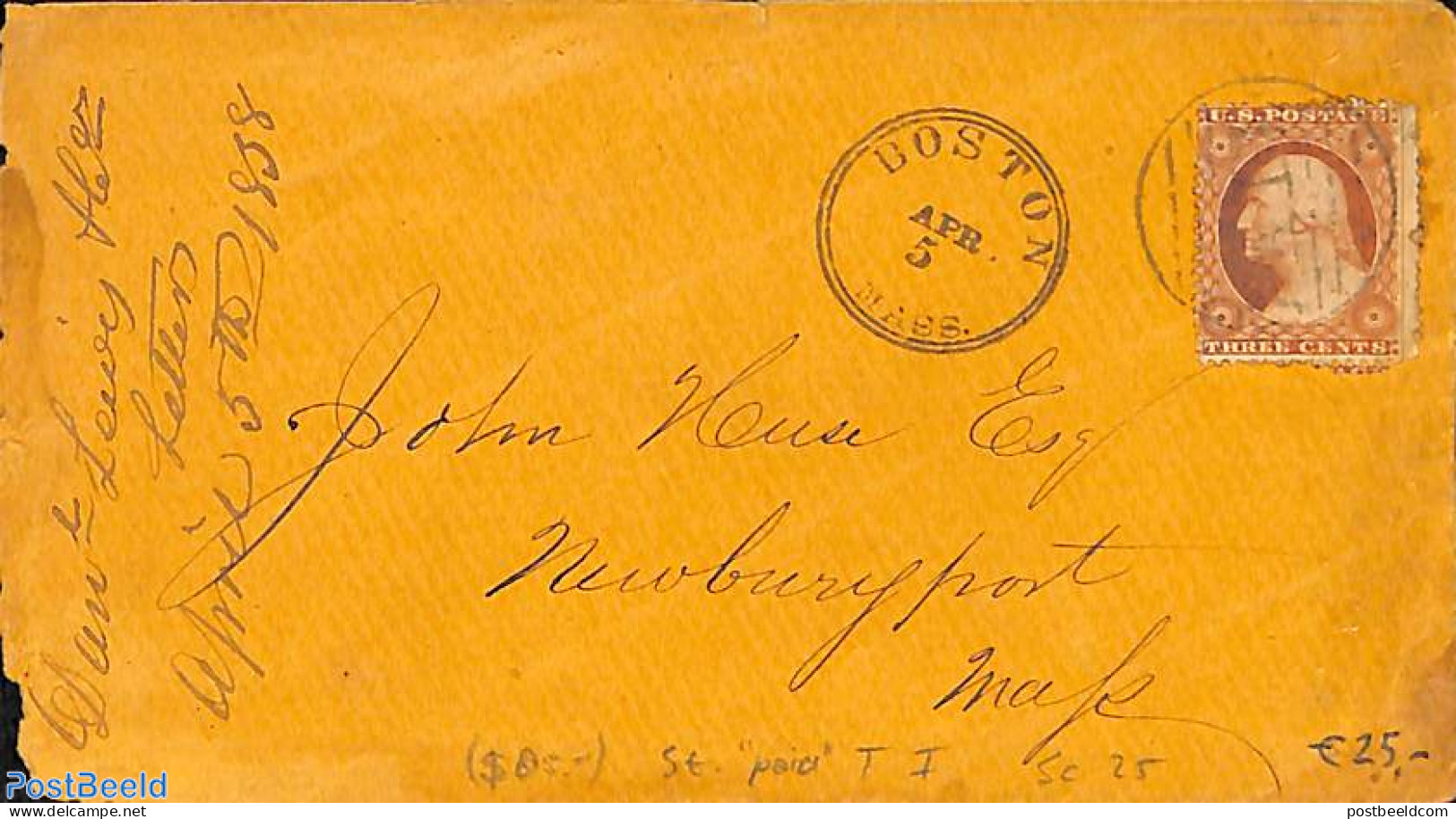 United States Of America 1858 Cover From Boston Mass. To Newburyport Mass. See Boston Postmark., Postal History - Covers & Documents