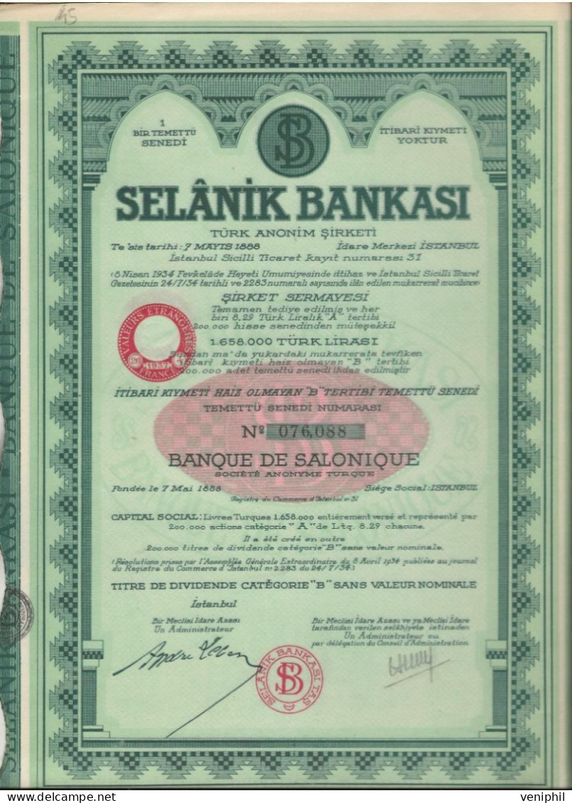 BANQUE DE SALONIQUE -TITRE DE DIVIDENDE  ISTANBUL -1934 - LOT DE 5 EXEMPLAIRES - Bank En Verzekering