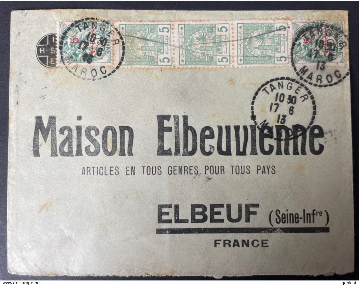 Maroc Lettre Commerciale 1913 Affranch. Mixte Type Blanc Et Postes Chérifiennes De Tanger Pour Elbeuf - Lokalausgaben