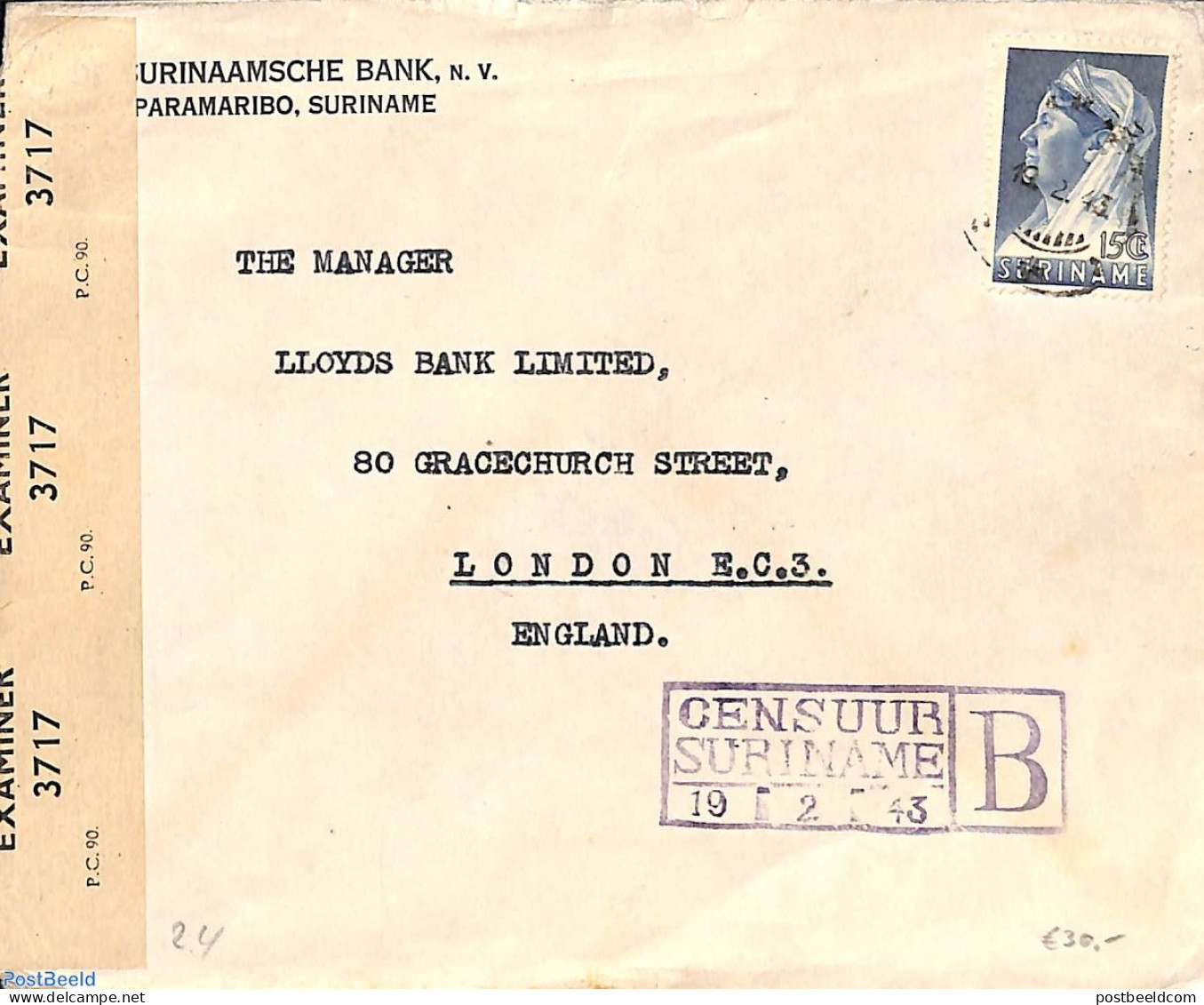 Suriname, Colony 1943 Censored Letter With Special Postmark CENSUUR SURINAME, Postal History, Various - Banking And In.. - Sonstige & Ohne Zuordnung
