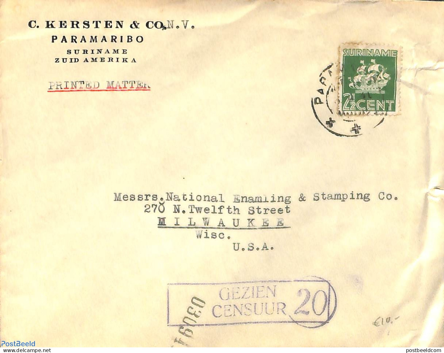 Suriname, Colony 1941 Censored Mail To USA Postmark: GEZIEN CENSUUR (damaged), Postal History - Other & Unclassified