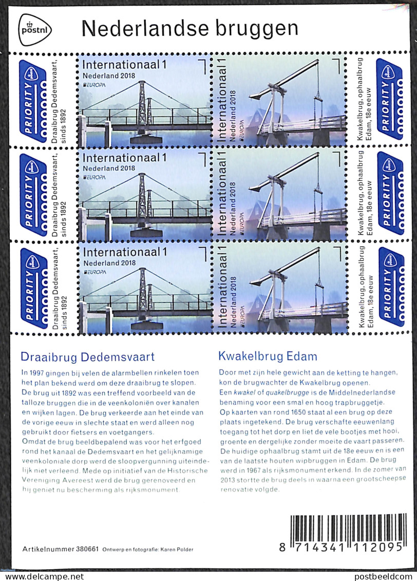 Netherlands 2018 Europa, Bridges M/s, Mint NH, History - Europa (cept) - Art - Bridges And Tunnels - Unused Stamps