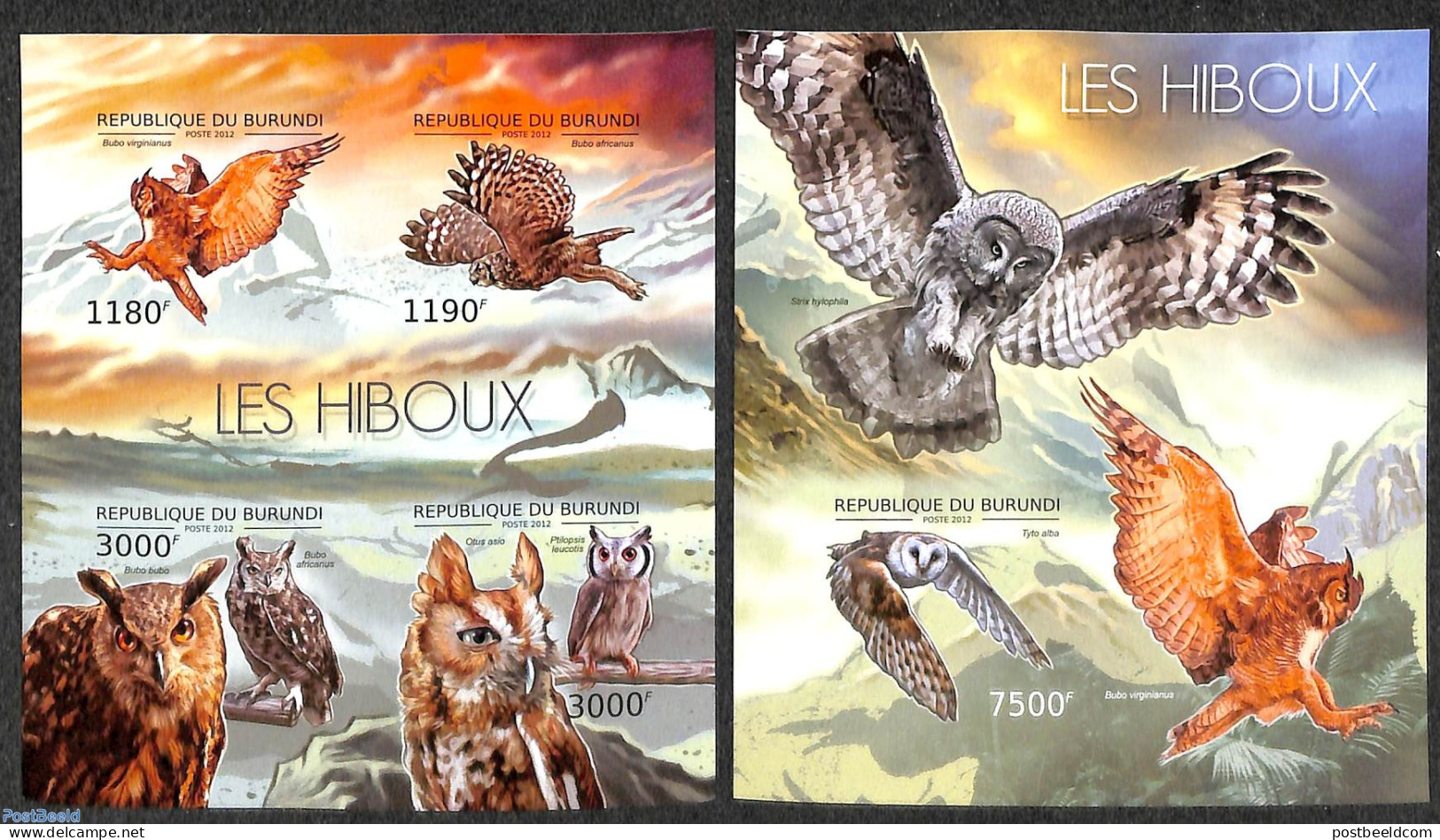 Burundi 2012 Owls  2 S/s, Imperforated, Mint NH, Nature - Birds - Birds Of Prey - Owls - Other & Unclassified