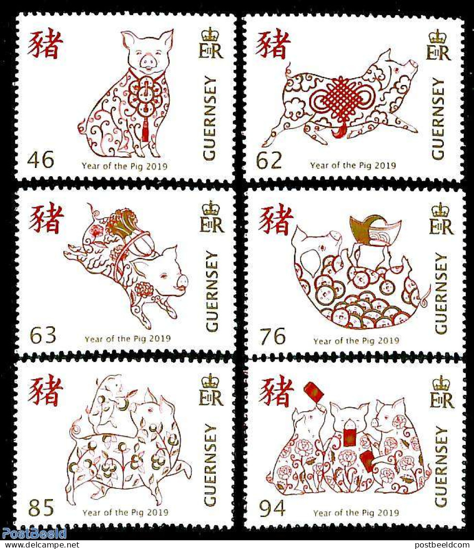 Guernsey 2019 Year Of The Pig 6v, Mint NH, Nature - Various - Cattle - New Year - Año Nuevo