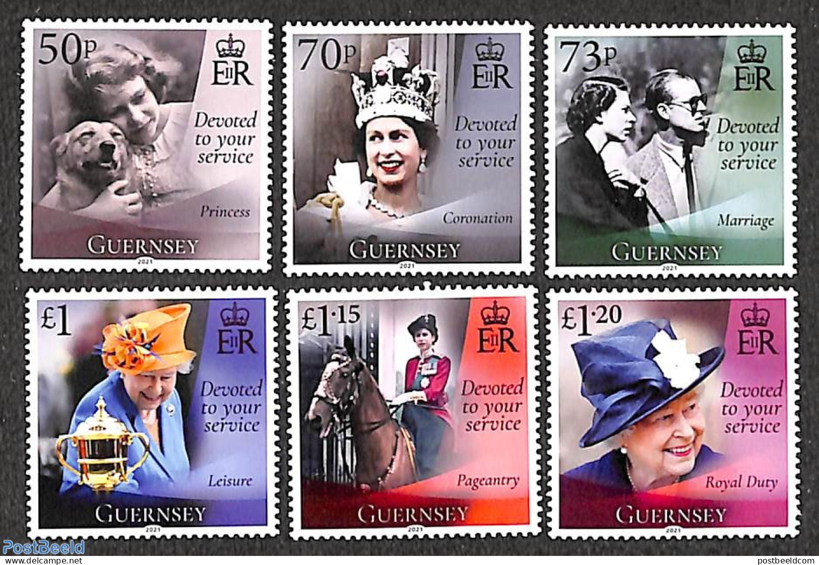 Guernsey 2021 Queen Elizabeth 95th Birthday 6v , Mint NH, History - Nature - Kings & Queens (Royalty) - Dogs - Horses - Königshäuser, Adel