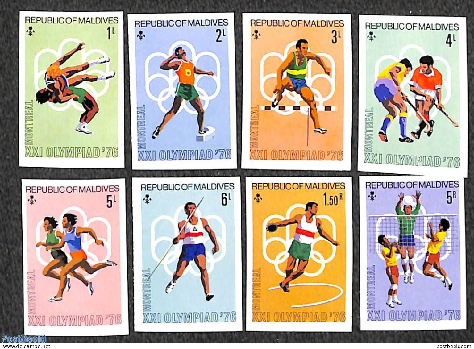 Maldives 1976 Olympic Games 8v, Imperforated, Mint NH, Sport - Athletics - Hockey - Olympic Games - Volleyball - Athlétisme