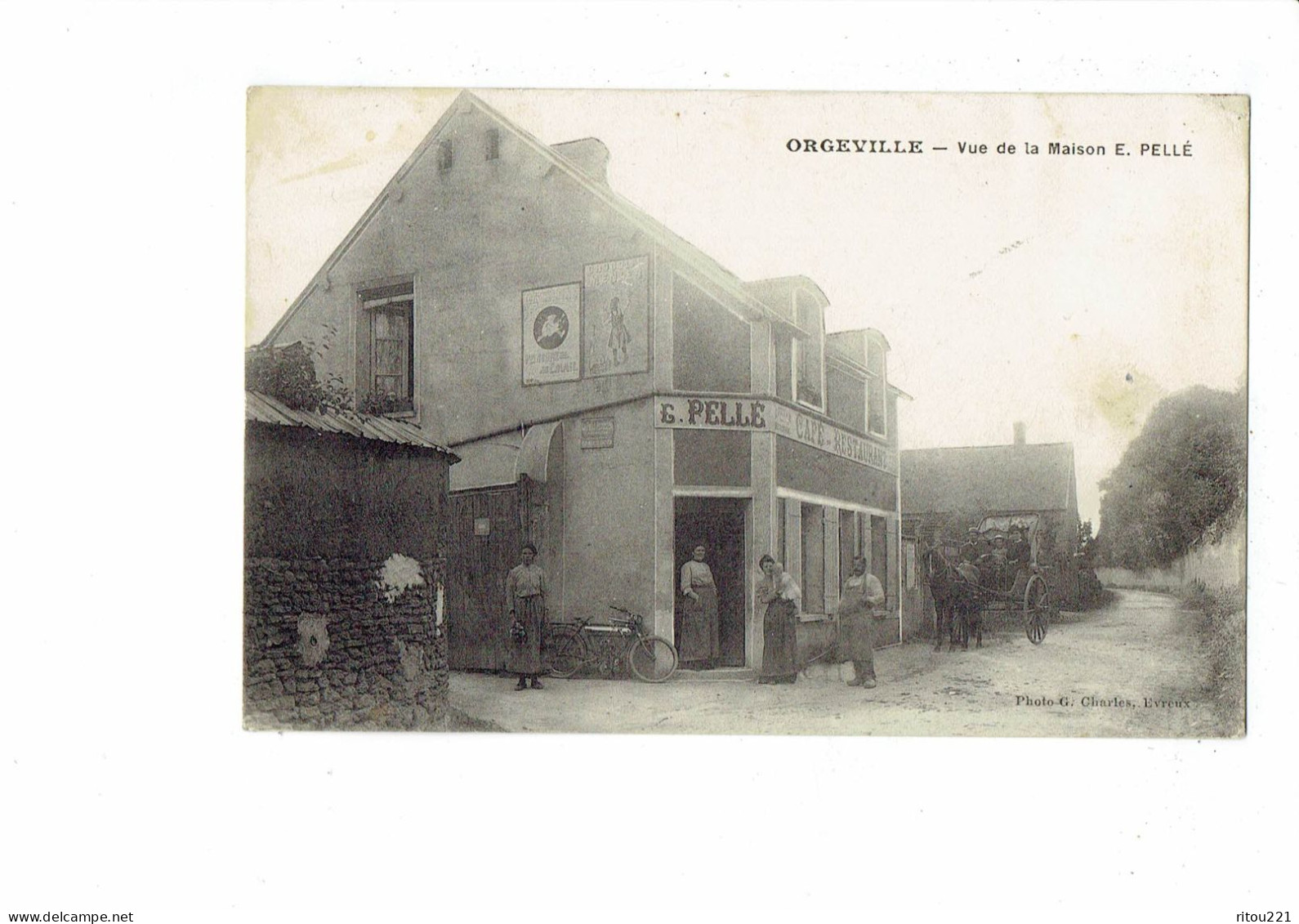 Cpa - 27 - ORGEVILLE -- Vue De La Maison E. PELLE - Café Restaurant - Animation Vélo Bicyclette - Affiche Publicité - Autres & Non Classés