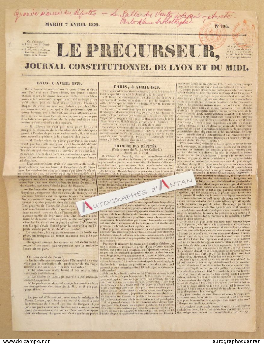 ● LE PRECURSEUR Journal Constitutionnel De Lyon Et Du Midi - 7 Avril 1829 - Cachets Rouges - N°704 - 1800 - 1849