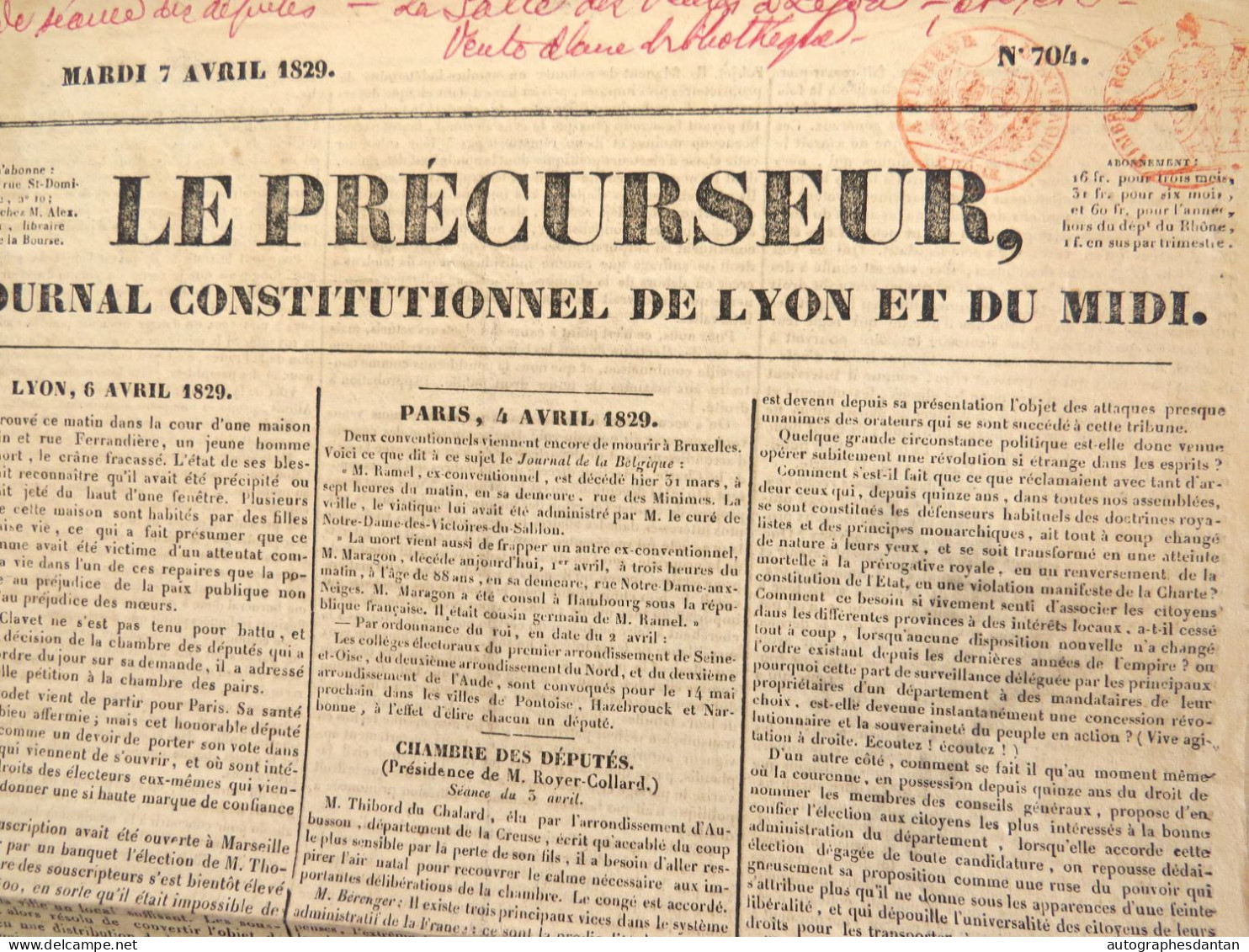 ● LE PRECURSEUR Journal Constitutionnel De Lyon Et Du Midi - 7 Avril 1829 - Cachets Rouges - N°704 - 1800 - 1849