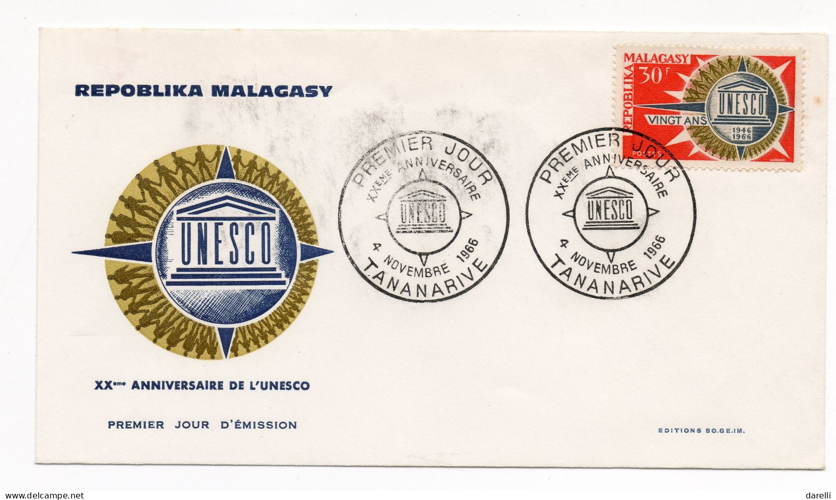 FDC Madagascar 1966 - Vingtième Anniversaire De L'UNESCO 1946/1966 - TANANARIVE - UNESCO