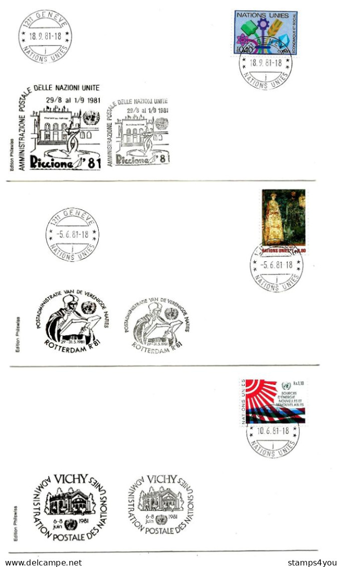 T - 5  - 3 Enveloppes  Nations Unies Genève - Expos Philatéliques 1981 - Riccione - Rotterdam - Vichy - Briefmarkenausstellungen