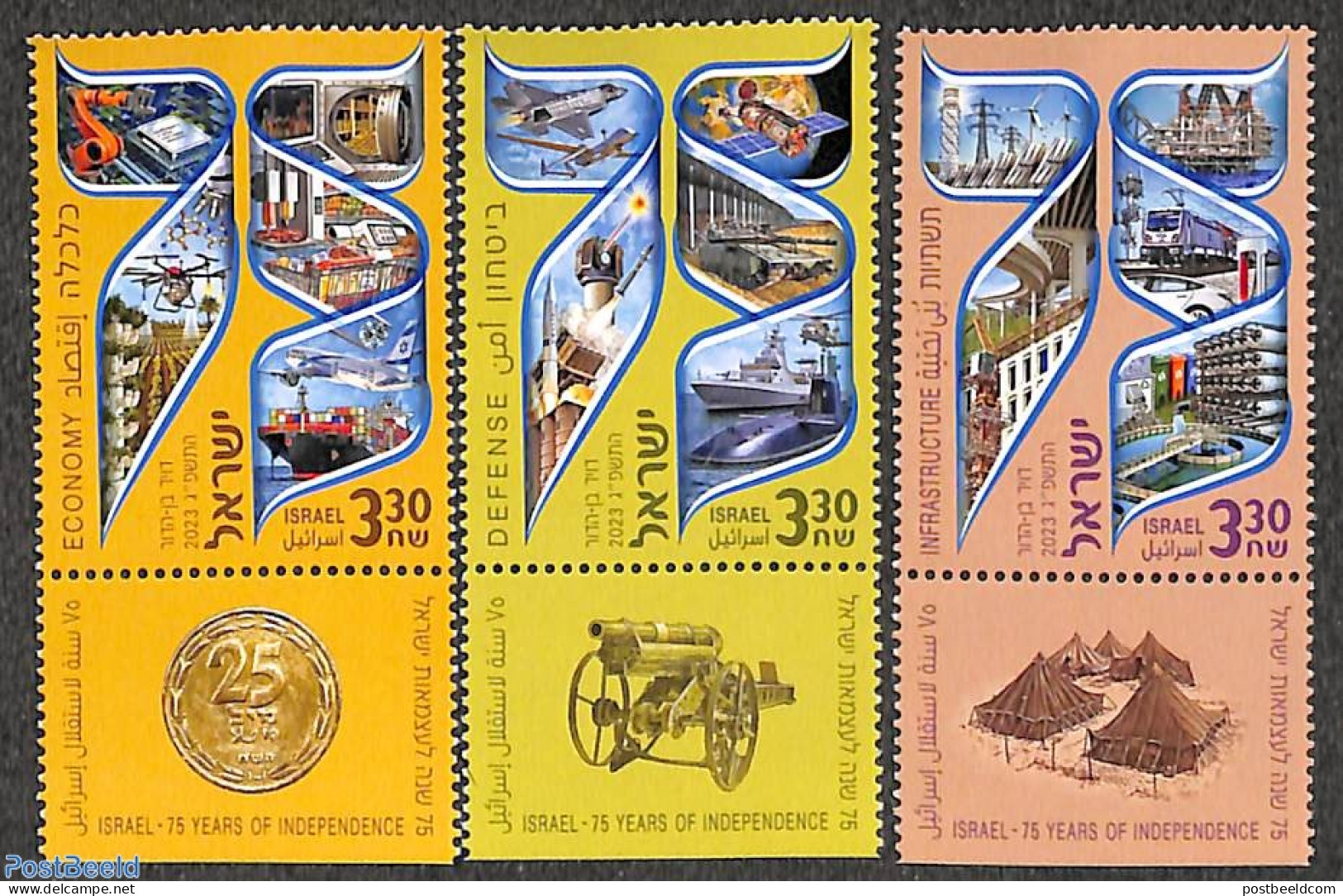 Israel 2023 75 Years Israel 3v, Mint NH, Science - Transport - Mining - Aircraft & Aviation - Railways - Ships And Boa.. - Neufs